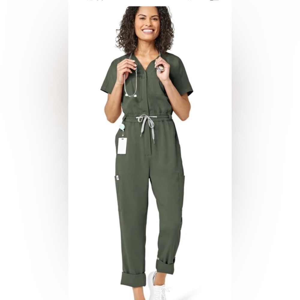 WonderWink Green Utilitarian Jumpsuit with Drawstring Waist